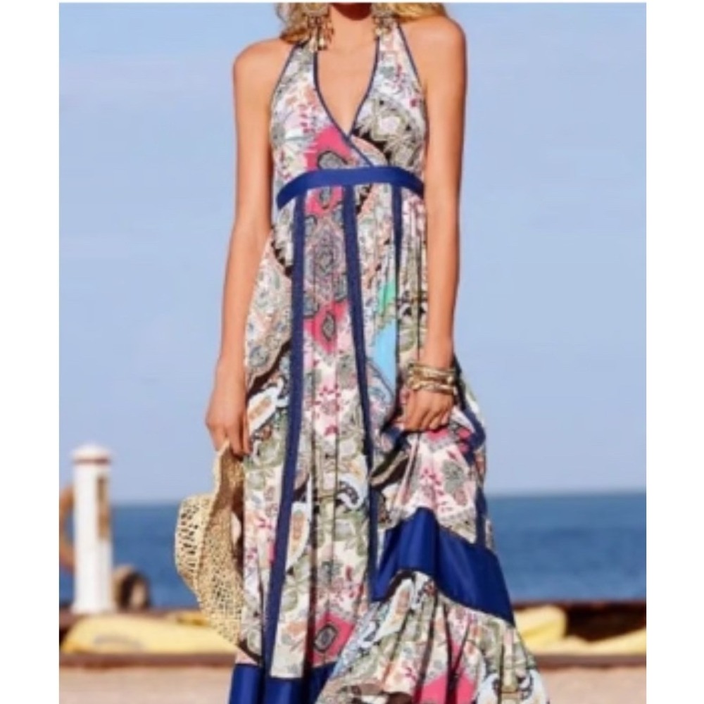 Boston Proper Paisley Patchwork Halter Maxi Dress Blue Pink Boho Womens Size 2